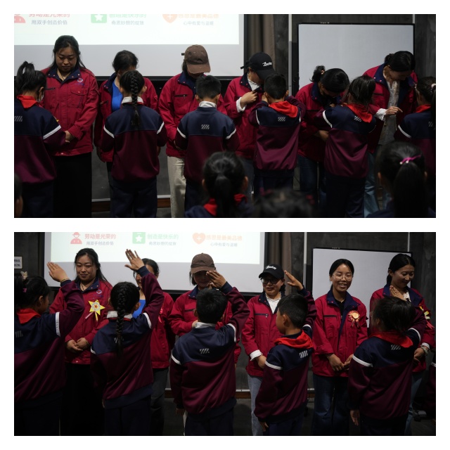 学生给阳春啤酒工作人员佩戴劳动纪念奖章